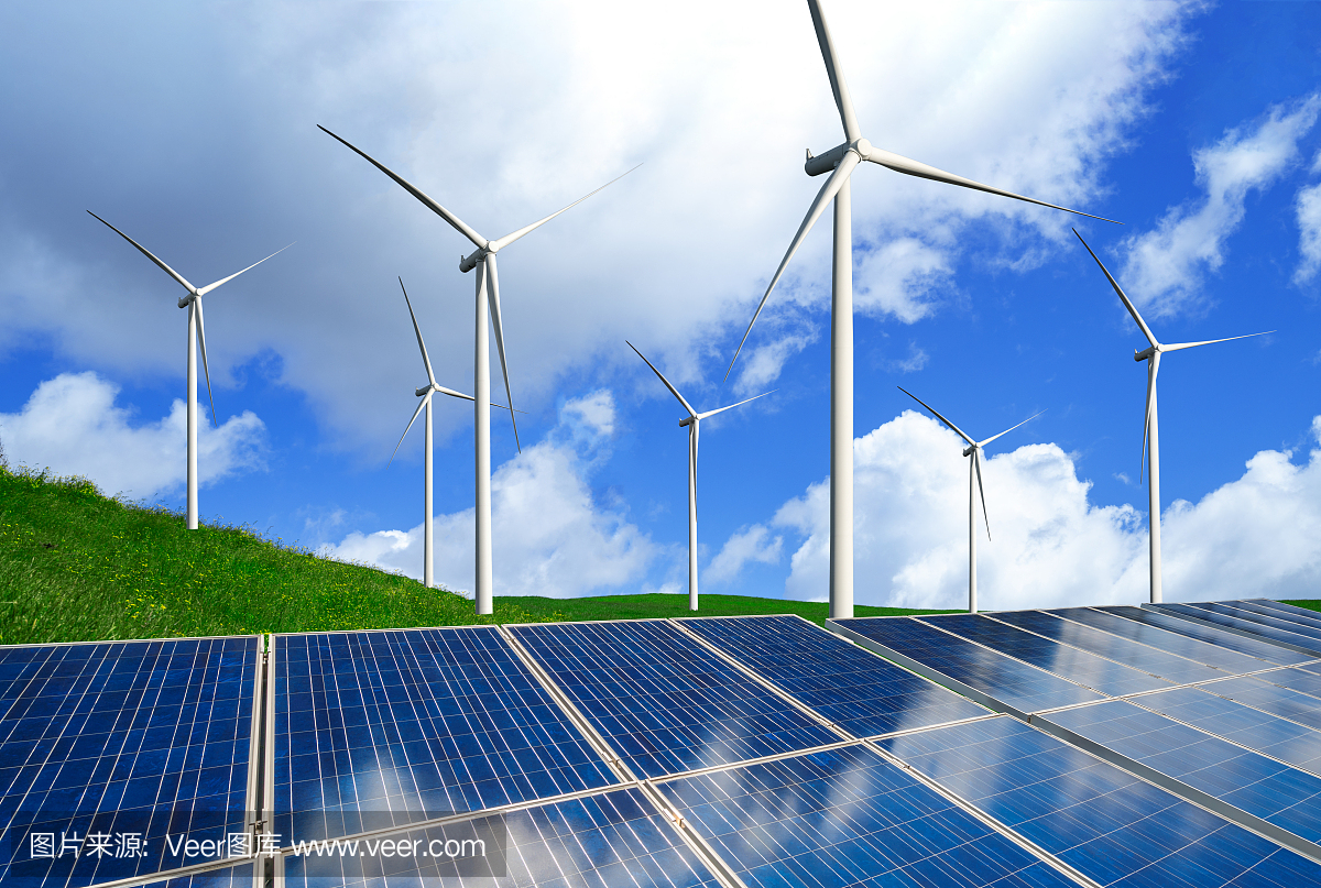 太陽能電池板和風力渦輪機農場清潔能源。